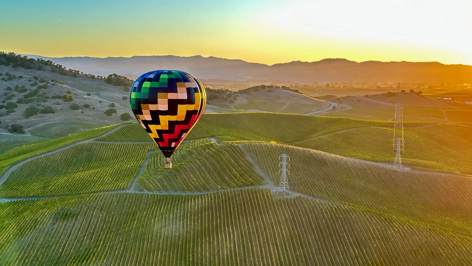 A hot air balloon over golden Sonoma vineyard rows as the sun crests the ridgeline on a late-October morning