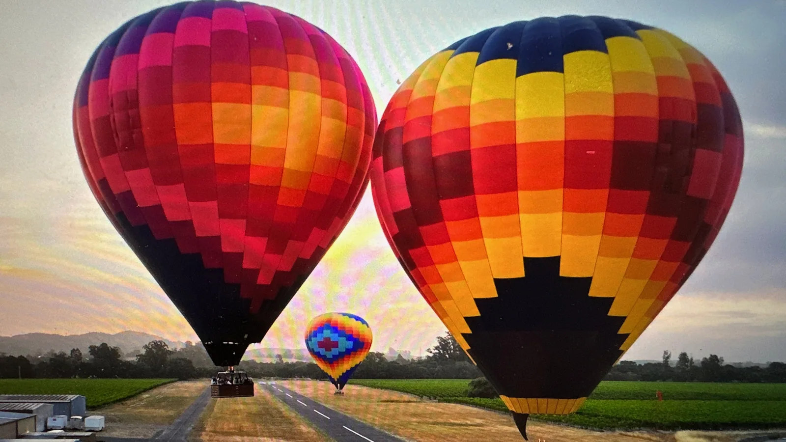 Two red and orange Sonoma Ballooning balloons inflated side by side at sunrise, a third balloon rising behind them