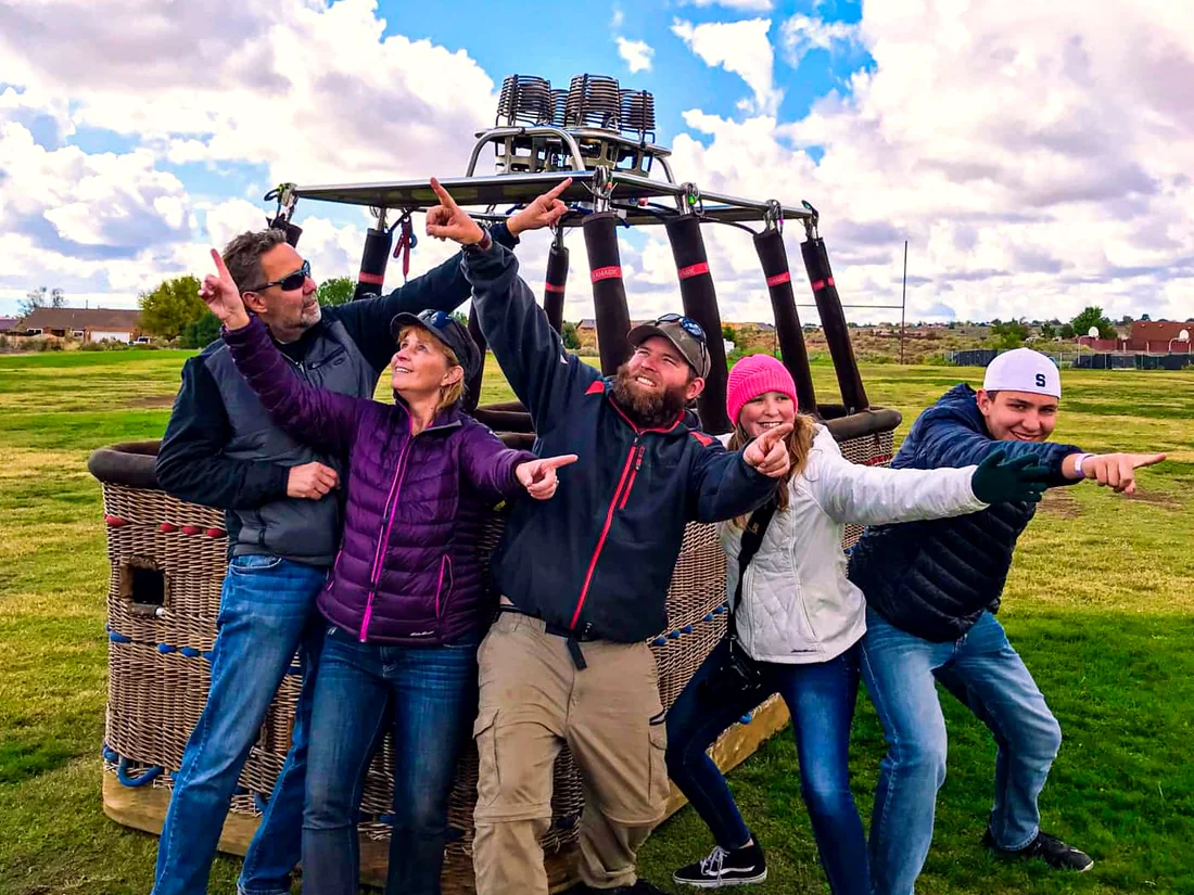 Large group with a hot air balloon basket