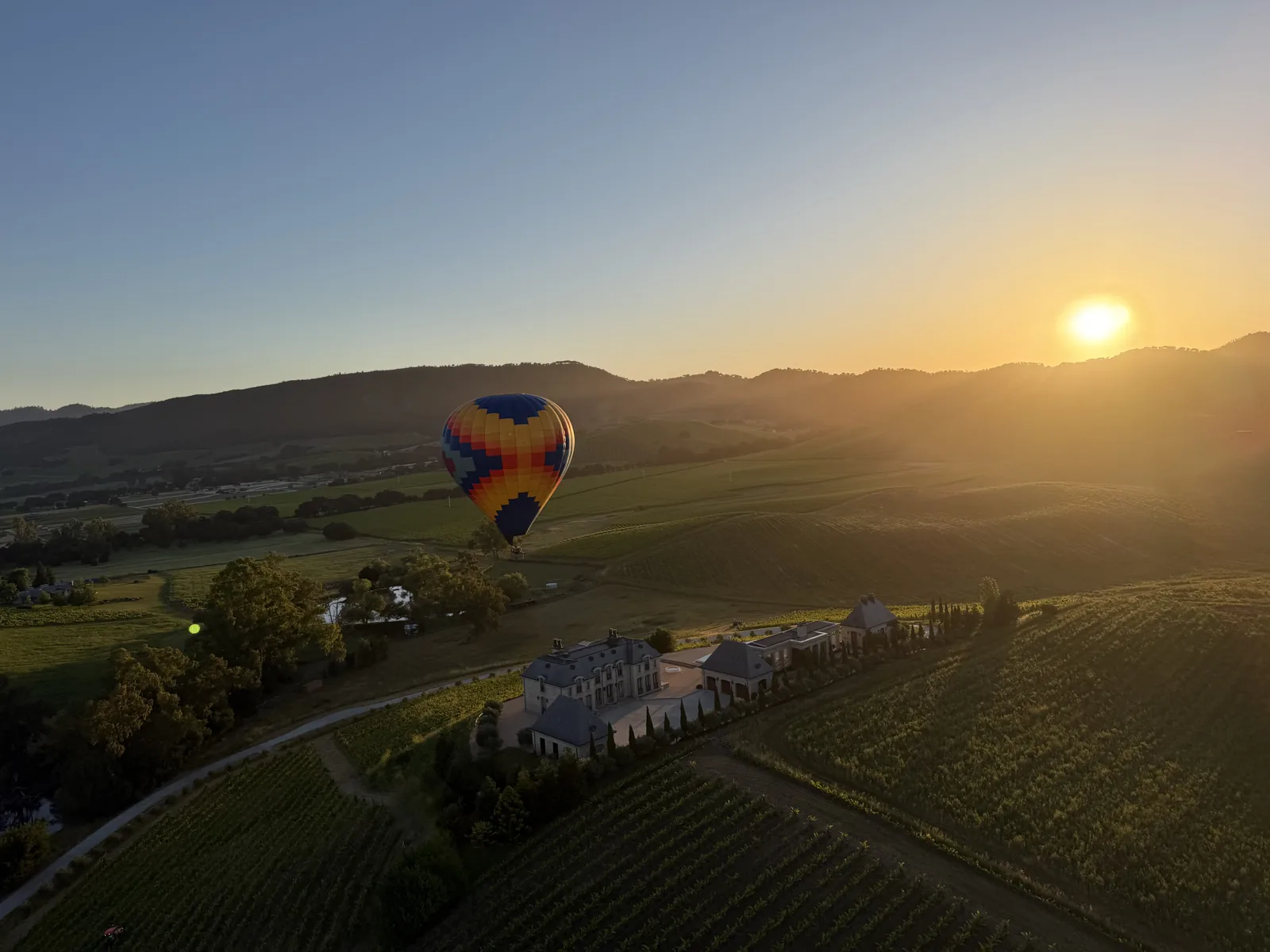 Hot air balloon descending over a Napa-Carneros winery estate at golden sunrise